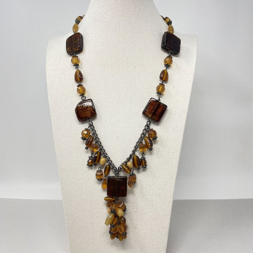 Murano Glass Beaded Necklace Square Pendant Amber Brown‎ Faceted